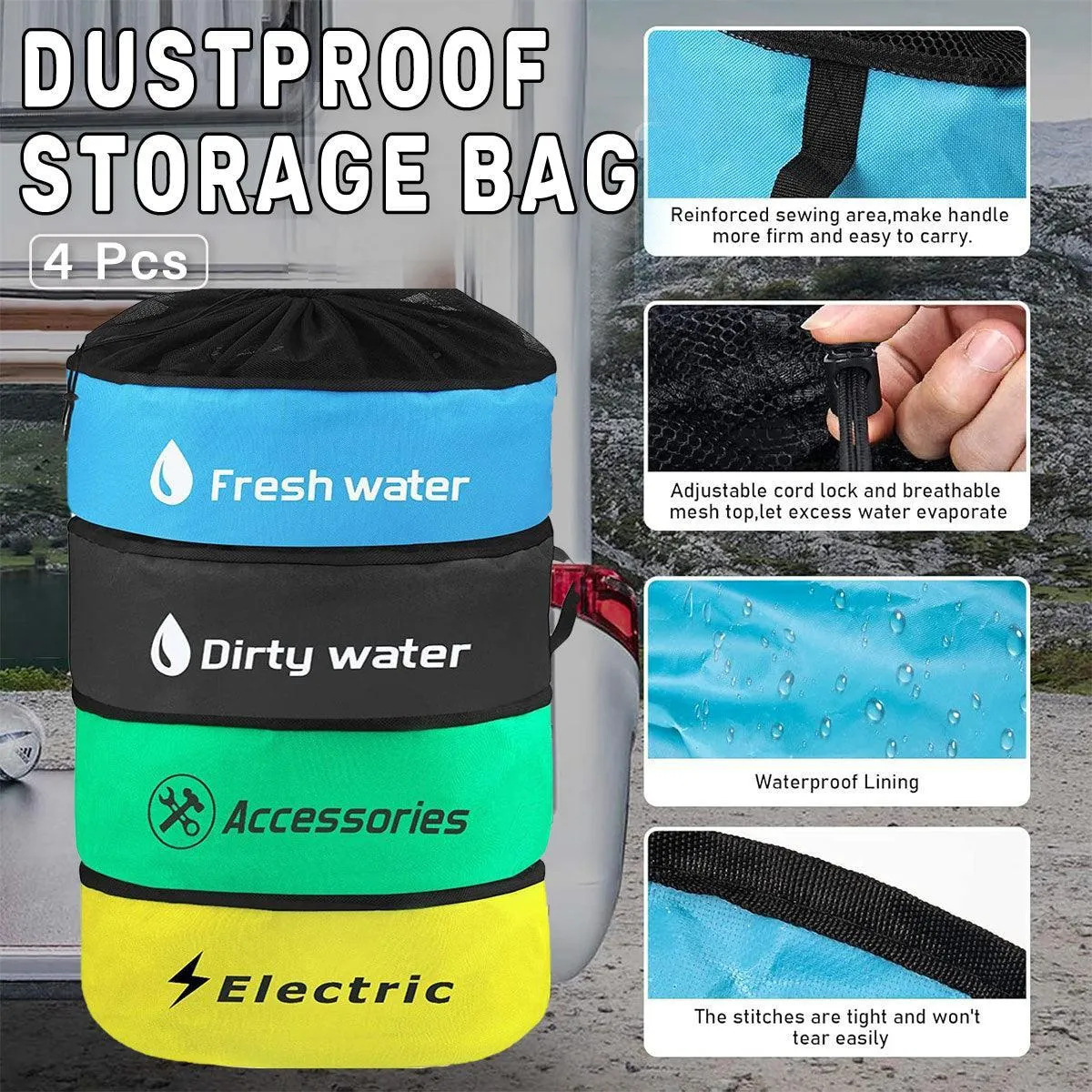 4PCS Caravan Camping RV Hose Bag Cable Storage Organizer for Water Hose Cord