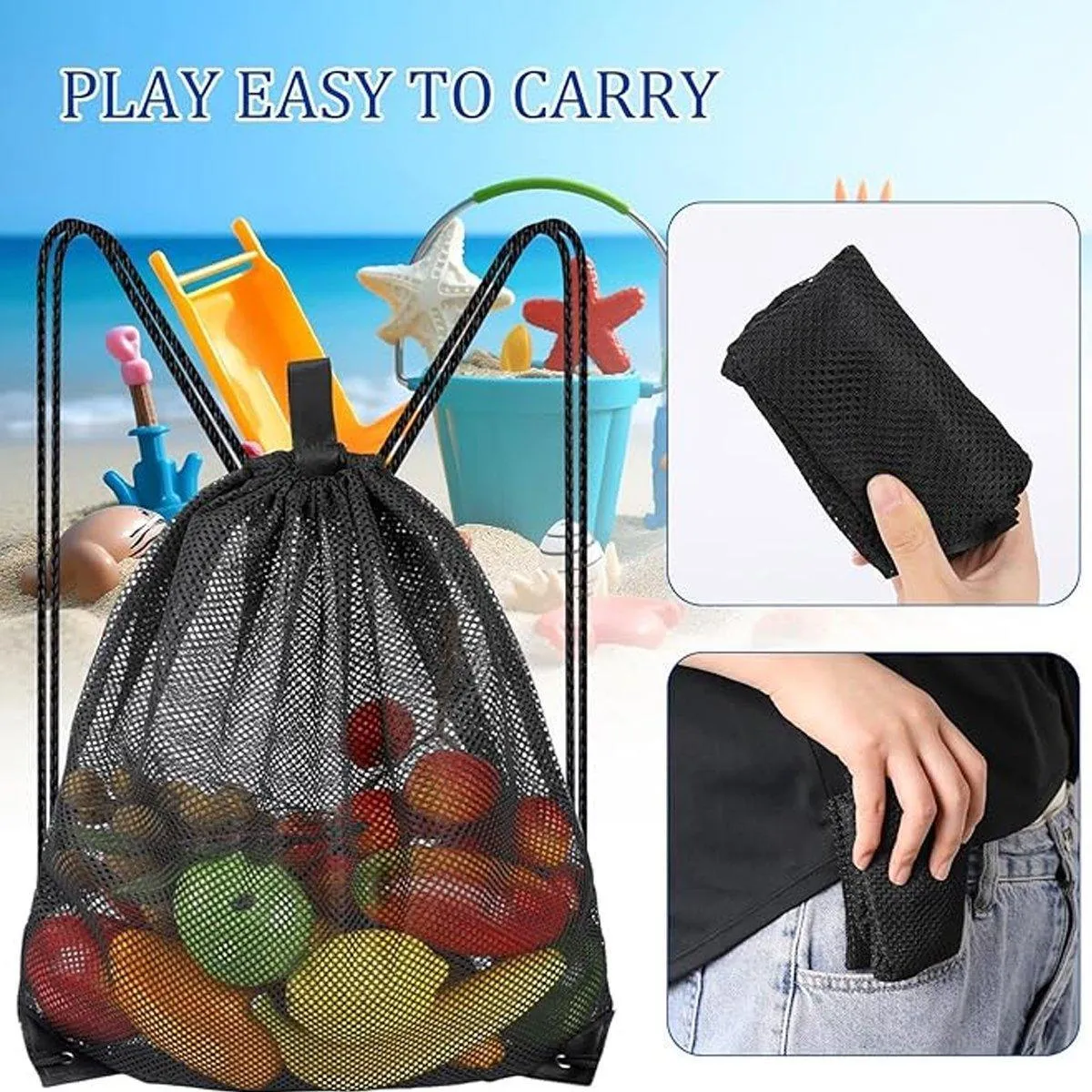 4X Heavy Duty Mesh Drawstring Bag Gym Equipment Storage Bag for Beach Swimming