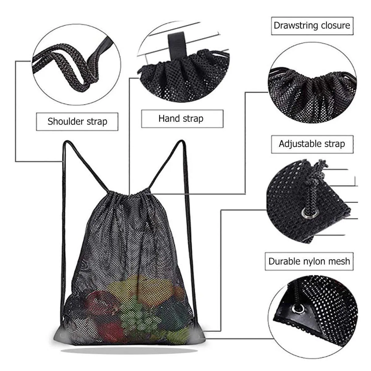 4X Heavy Duty Mesh Drawstring Bag Gym Equipment Storage Bag for Beach Swimming