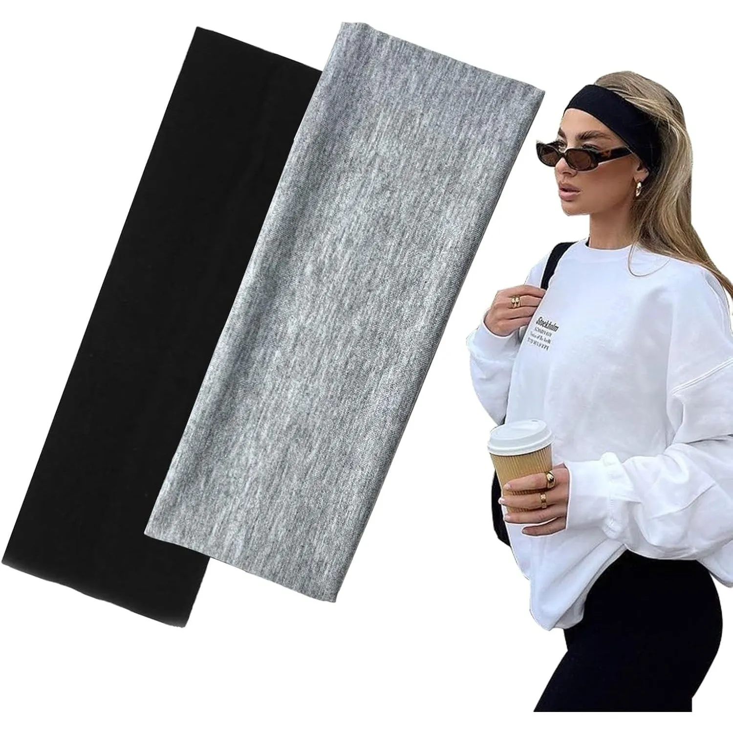 7cm Wide Black Headbands for Women Men, Yedtreg 2pack Fashion Head Bands for Women's Hair, Soft Fabric Stretchy Hair Bands for Makeup, Yoga, Running, Sports