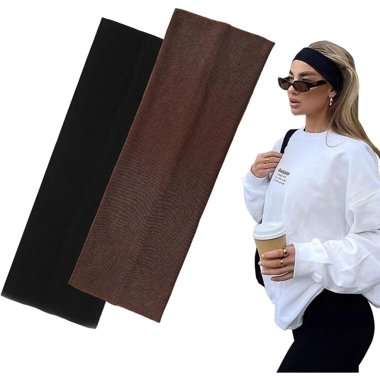7cm Wide Black Headbands for Women Men, Yedtreg 2pack Fashion Head Bands for Women's Hair, Soft Fabric Stretchy Hair Bands for Makeup, Yoga, Running, Sports