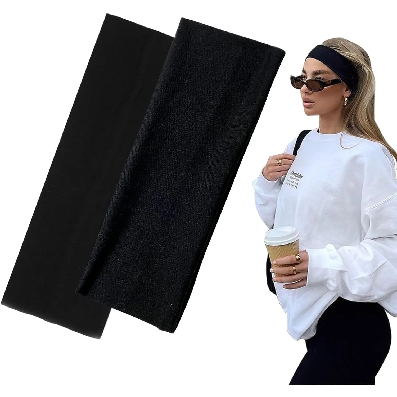 7cm Wide Black Headbands for Women Men, Yedtreg 2pack Fashion Head Bands for Women's Hair, Soft Fabric Stretchy Hair Bands for Makeup, Yoga, Running, Sports