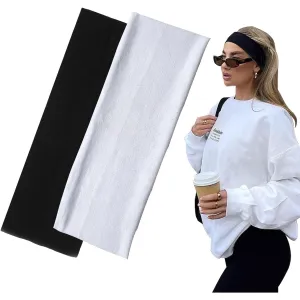 7cm Wide Black Headbands for Women Men, Yedtreg 2pack Fashion Head Bands for Women's Hair, Soft Fabric Stretchy Hair Bands for Makeup, Yoga, Running, Sports