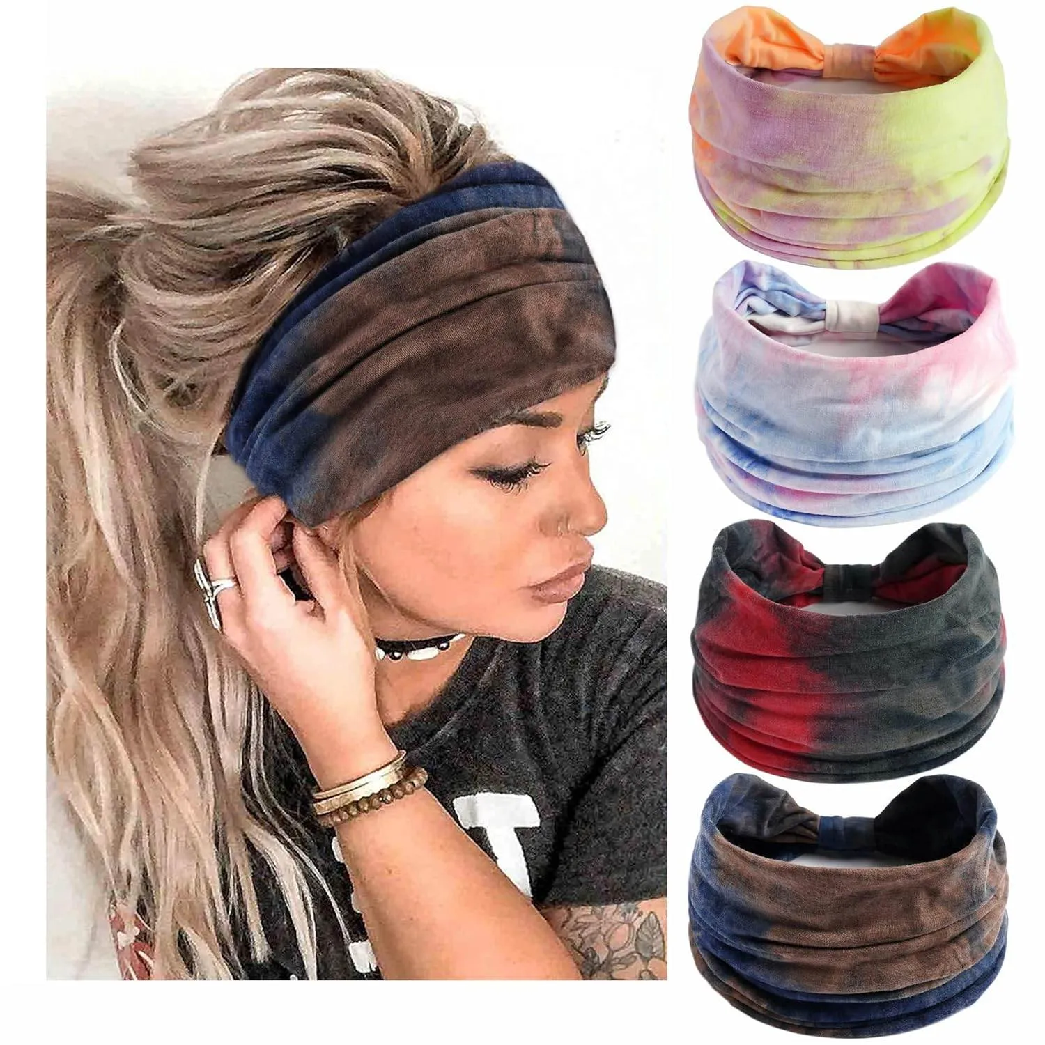 Boho Headbands For Women Fashion Stretch Wide Hair Bands Knoted Turban Head Bands Yoga Running Sweatband Elastic Headband Stylish Wrap Headbands Hair Accessories for Teen Girls 4 Pack