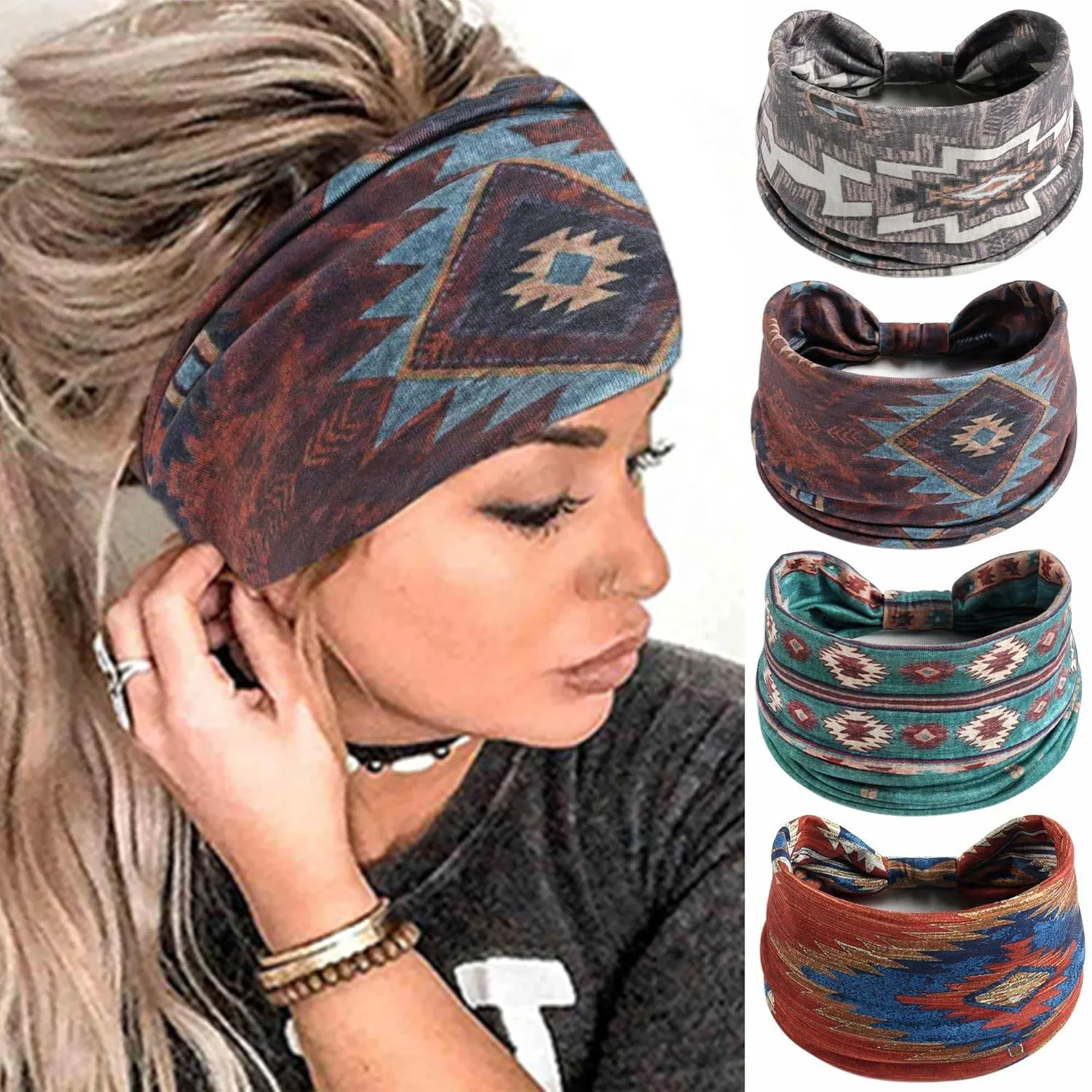 Boho Headbands For Women Fashion Stretch Wide Hair Bands Knoted Turban Head Bands Yoga Running Sweatband Elastic Headband Stylish Wrap Headbands Hair Accessories for Teen Girls 4 Pack