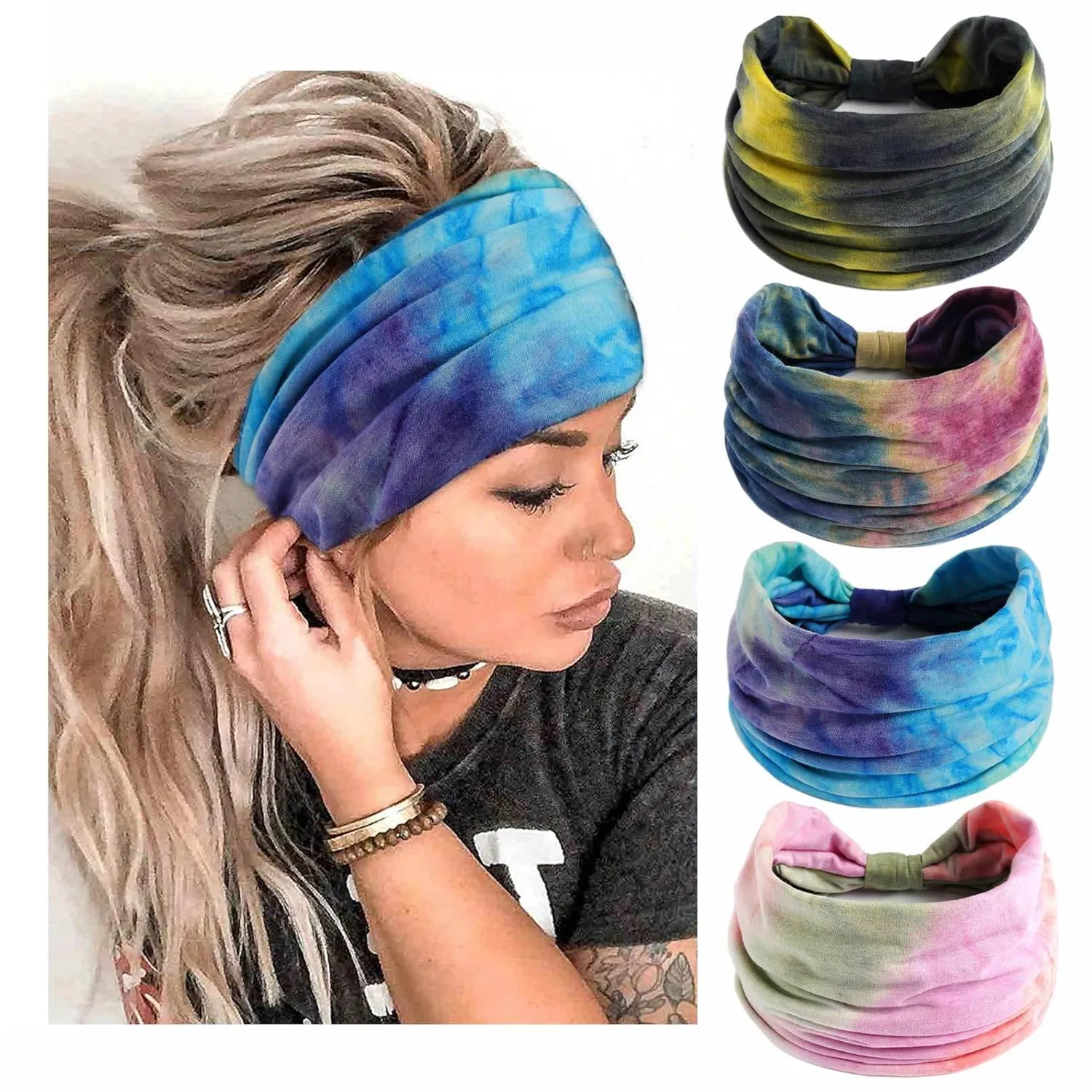 Boho Headbands For Women Fashion Stretch Wide Hair Bands Knoted Turban Head Bands Yoga Running Sweatband Elastic Headband Stylish Wrap Headbands Hair Accessories for Teen Girls 4 Pack