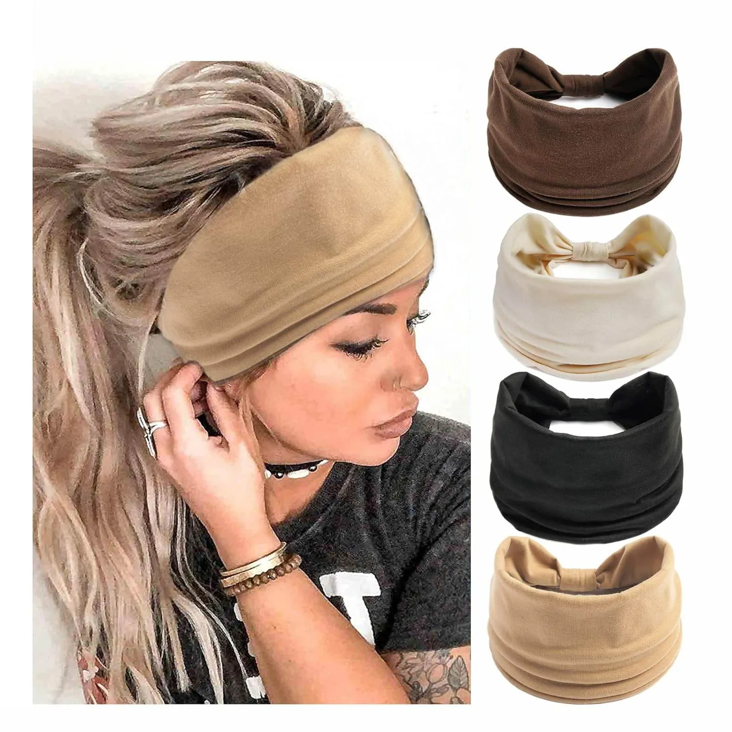 Boho Headbands For Women Fashion Stretch Wide Hair Bands Knoted Turban Head Bands Yoga Running Sweatband Elastic Headband Stylish Wrap Headbands Hair Accessories for Teen Girls 4 Pack