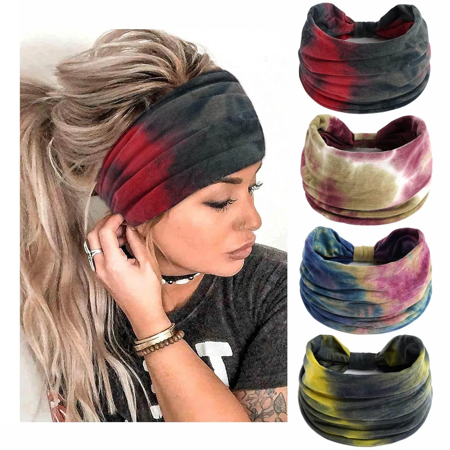 Boho Headbands For Women Fashion Stretch Wide Hair Bands Knoted Turban Head Bands Yoga Running Sweatband Elastic Headband Stylish Wrap Headbands Hair Accessories for Teen Girls 4 Pack