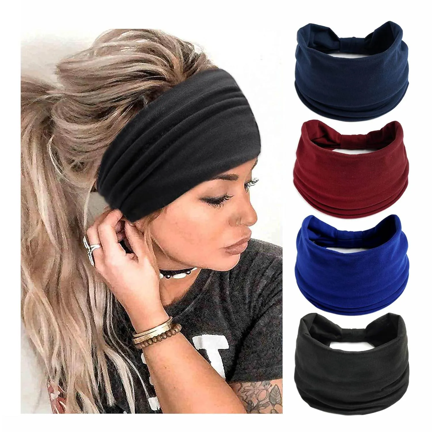 Boho Headbands For Women Fashion Stretch Wide Hair Bands Knoted Turban Head Bands Yoga Running Sweatband Elastic Headband Stylish Wrap Headbands Hair Accessories for Teen Girls 4 Pack