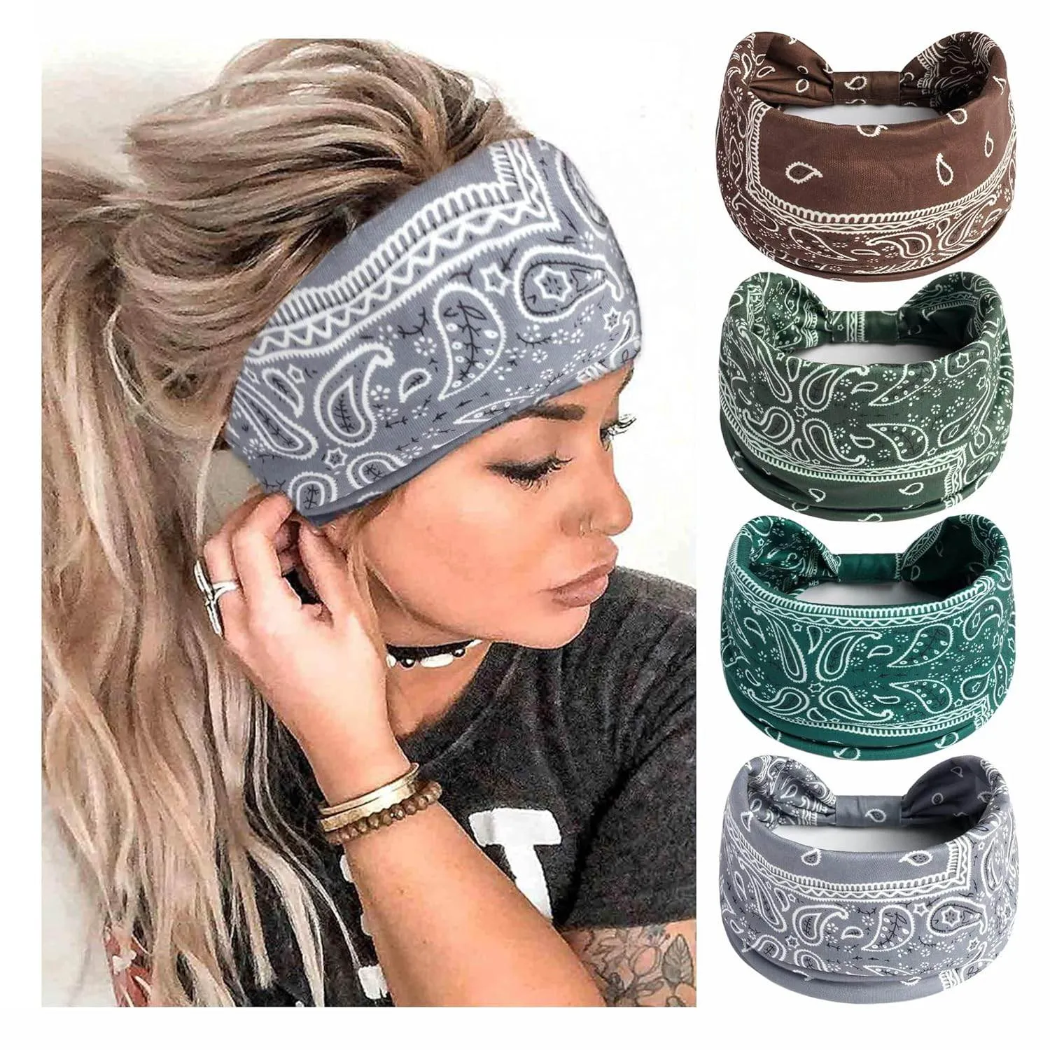 Boho Headbands For Women Fashion Stretch Wide Hair Bands Knoted Turban Head Bands Yoga Running Sweatband Elastic Headband Stylish Wrap Headbands Hair Accessories for Teen Girls 4 Pack