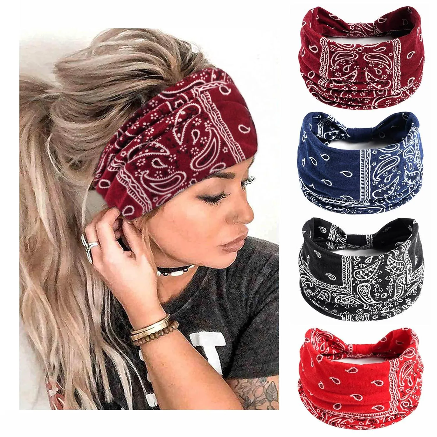 Boho Headbands For Women Fashion Stretch Wide Hair Bands Knoted Turban Head Bands Yoga Running Sweatband Elastic Headband Stylish Wrap Headbands Hair Accessories for Teen Girls 4 Pack