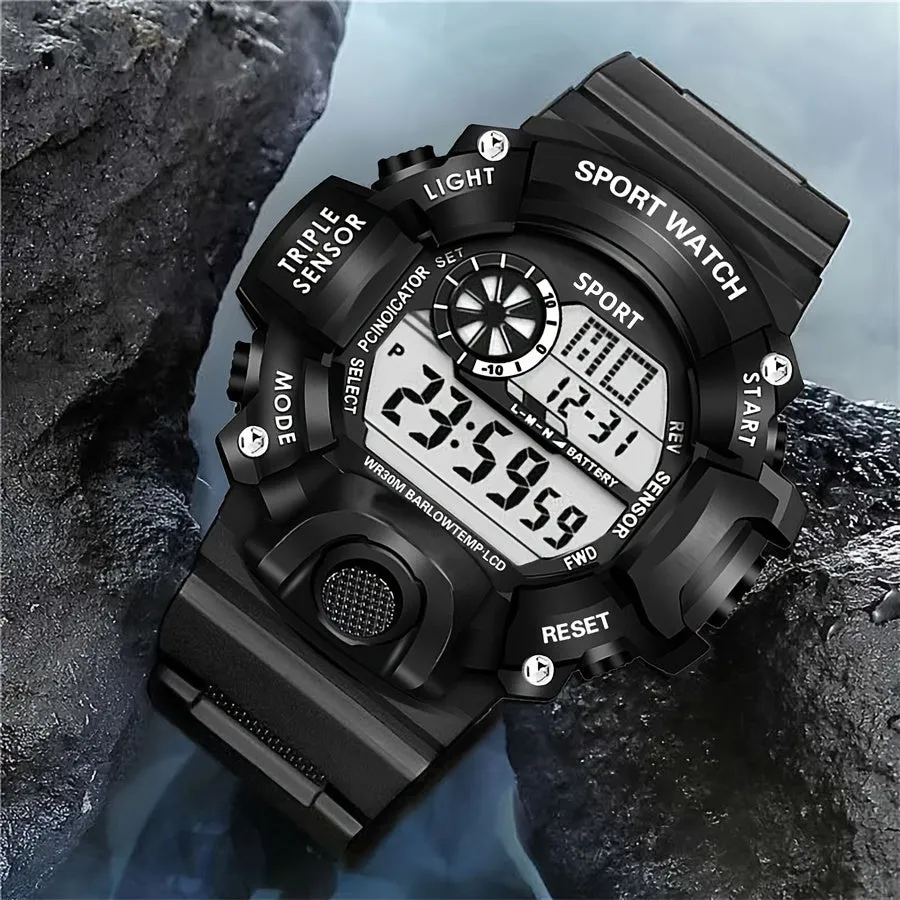 Casual Men's Sports Style Silicone Strap Electronic Watch, 24H Date Week Chronograph Stopwatch Alarm Luminous Multifunctional Wristwatches FS