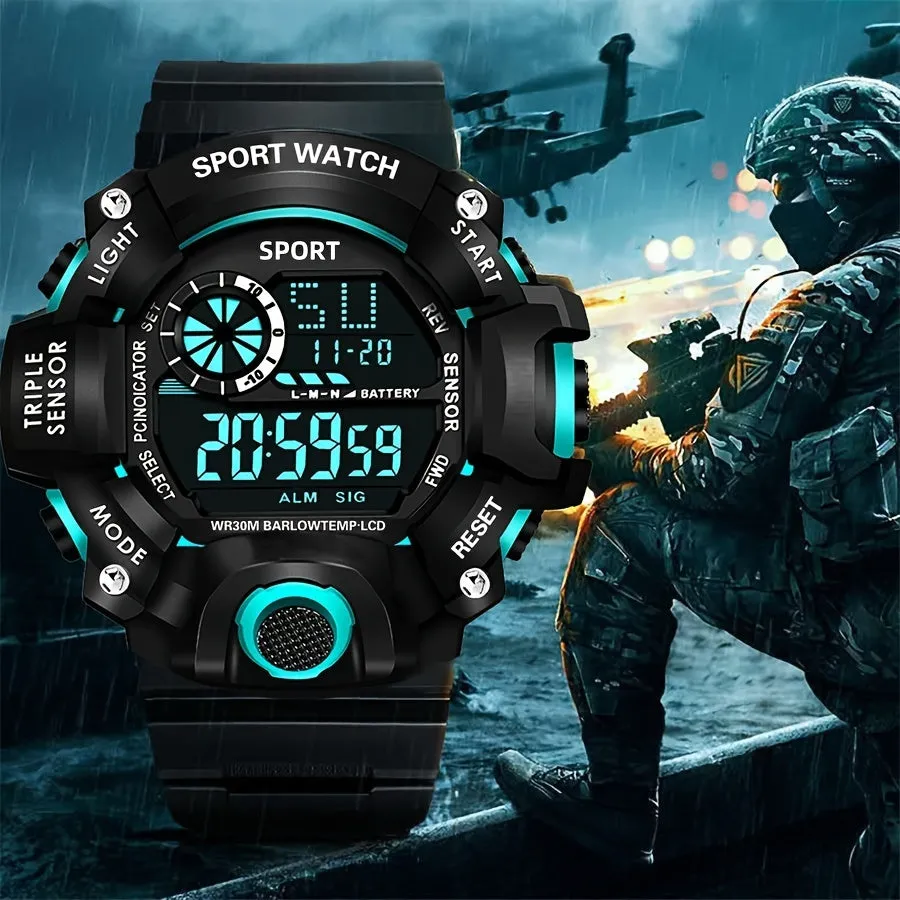 Casual Men's Sports Style Silicone Strap Electronic Watch, 24H Date Week Chronograph Stopwatch Alarm Luminous Multifunctional Wristwatches FS
