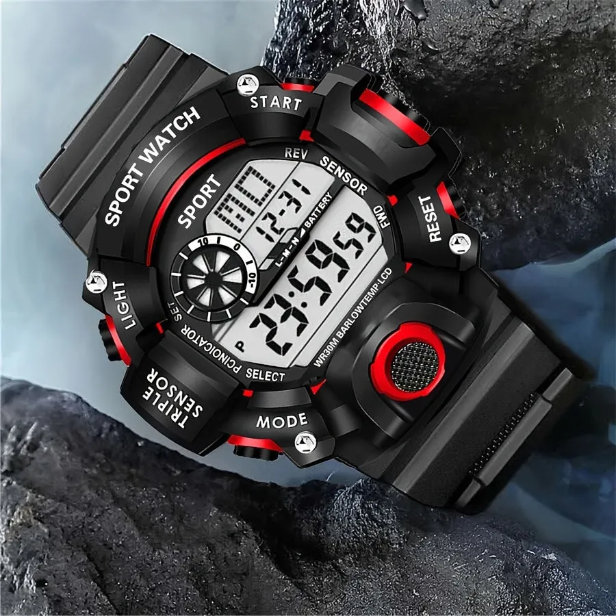 Casual Men's Sports Style Silicone Strap Electronic Watch, 24H Date Week Chronograph Stopwatch Alarm Luminous Multifunctional Wristwatches FS