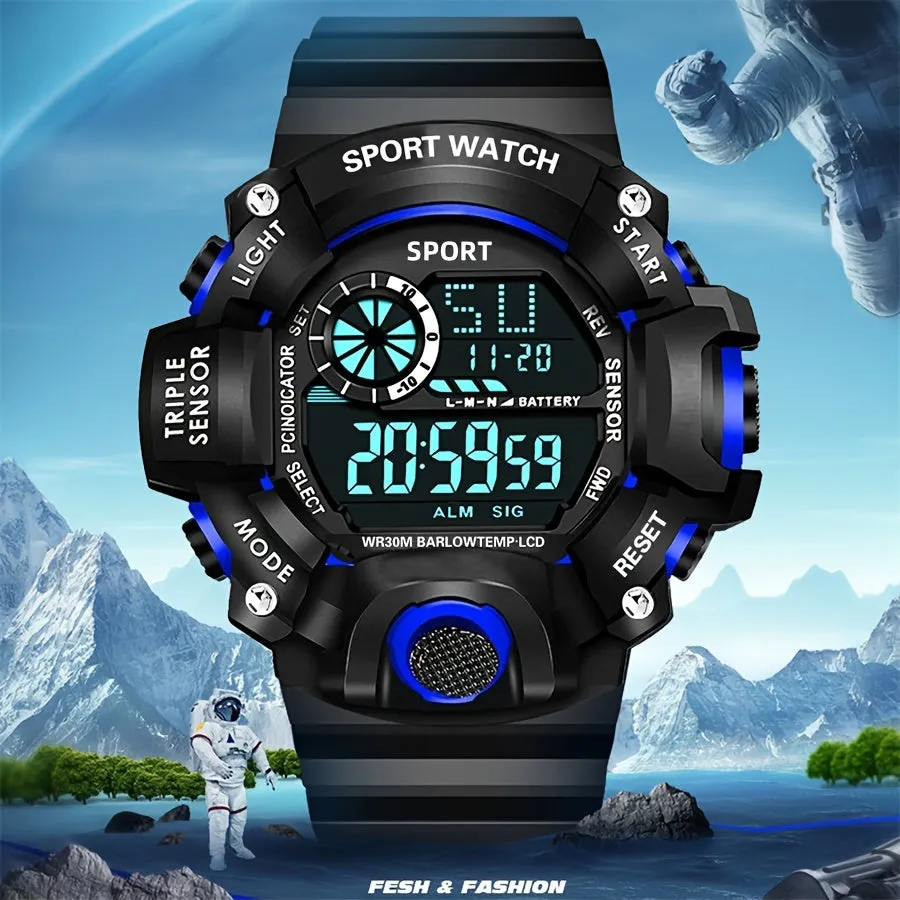 Casual Men's Sports Style Silicone Strap Electronic Watch, 24H Date Week Chronograph Stopwatch Alarm Luminous Multifunctional Wristwatches FS