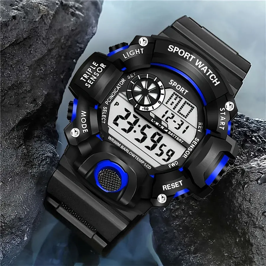Casual Men's Sports Style Silicone Strap Electronic Watch, 24H Date Week Chronograph Stopwatch Alarm Luminous Multifunctional Wristwatches FS