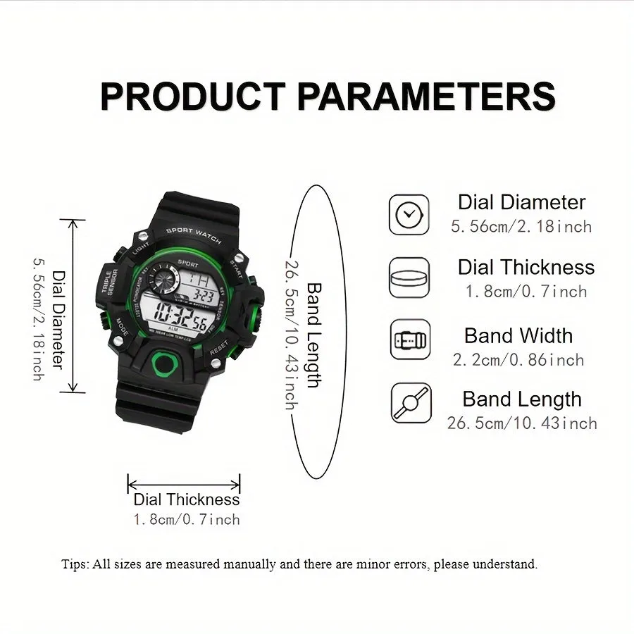 Casual Men's Sports Style Silicone Strap Electronic Watch, 24H Date Week Chronograph Stopwatch Alarm Luminous Multifunctional Wristwatches FS