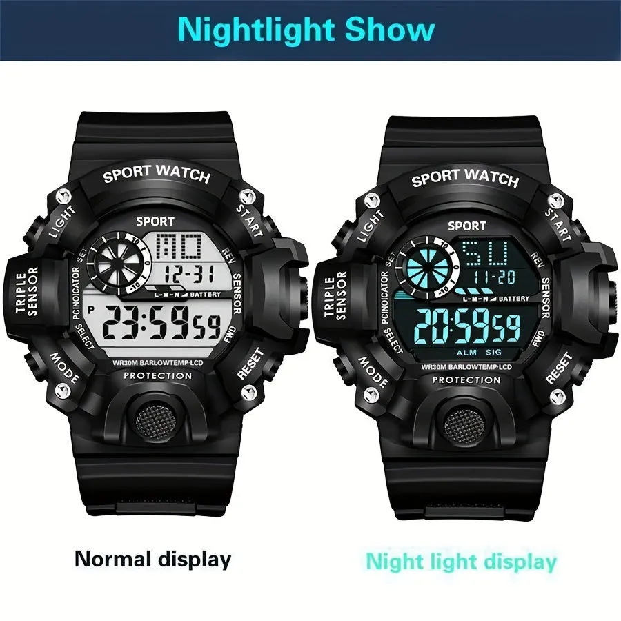 Casual Men's Sports Style Silicone Strap Electronic Watch, 24H Date Week Chronograph Stopwatch Alarm Luminous Multifunctional Wristwatches FS
