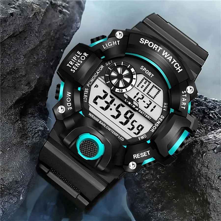 Casual Men's Sports Style Silicone Strap Electronic Watch, 24H Date Week Chronograph Stopwatch Alarm Luminous Multifunctional Wristwatches FS