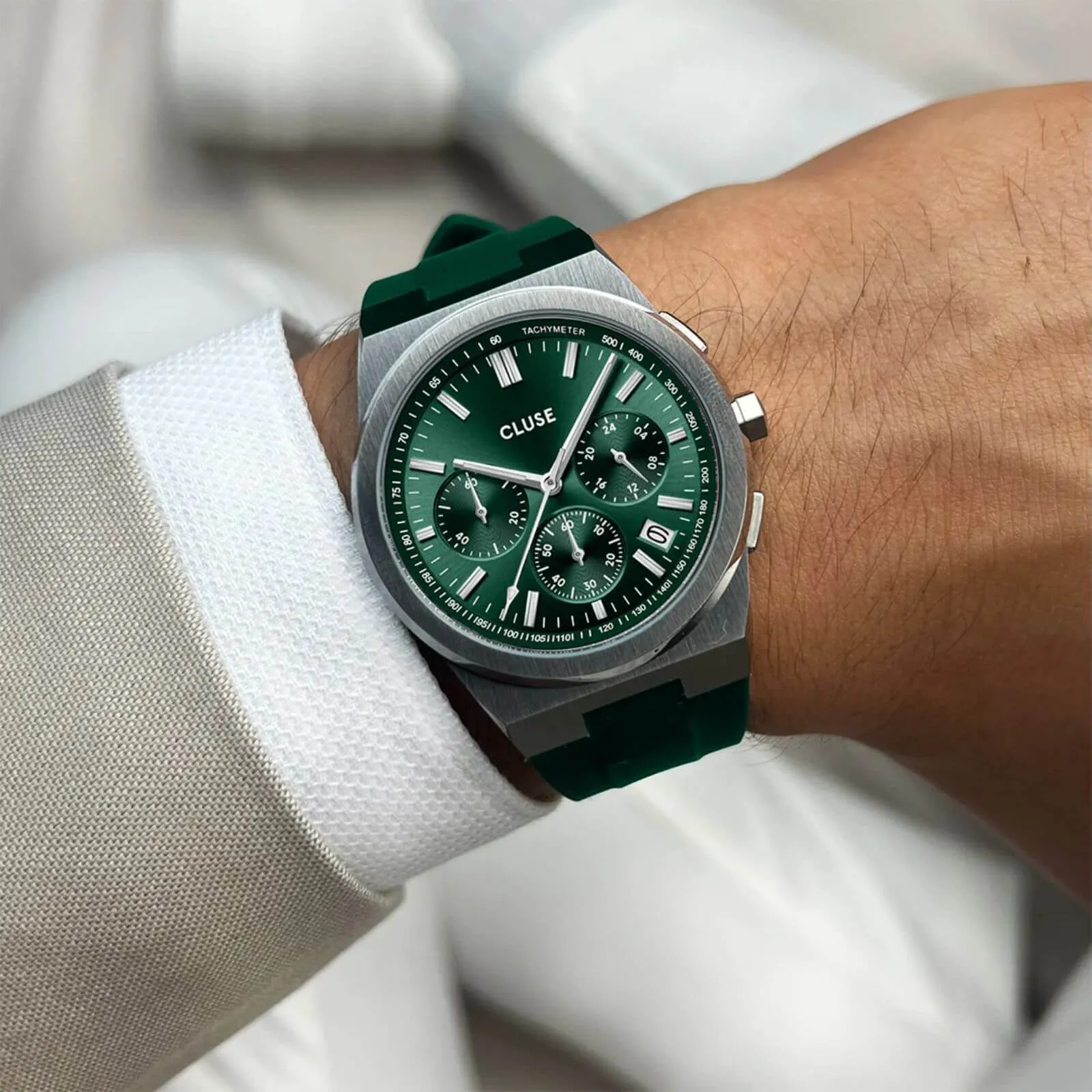 Cluse Vigoureux Chrono Silicone Silver Watch - Green
