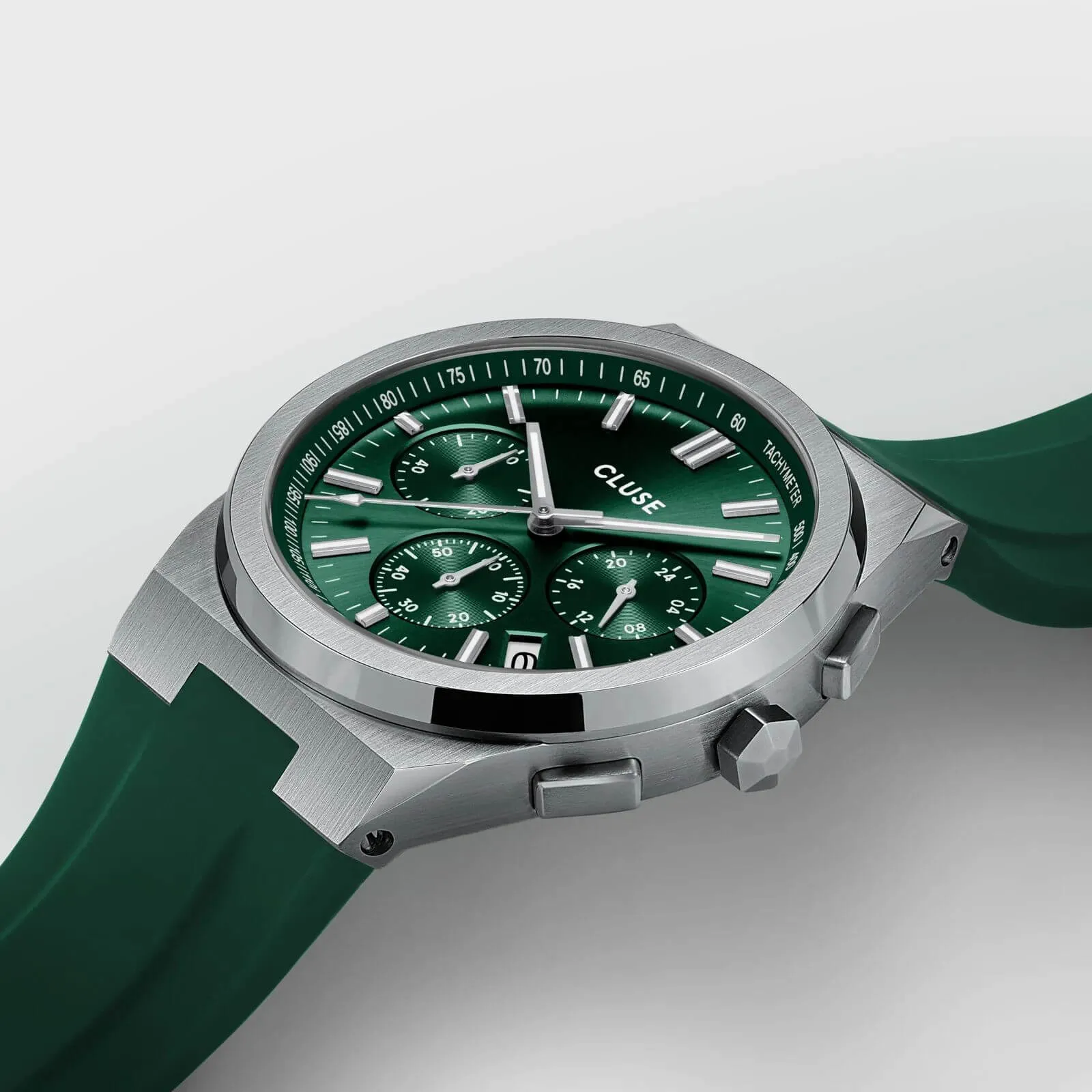 Cluse Vigoureux Chrono Silicone Silver Watch - Green