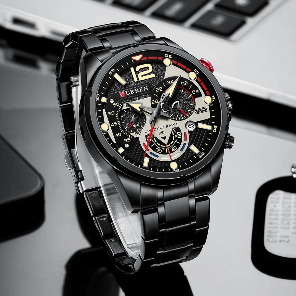 CURREN Men's Watch Fashion Sport Quartz Chronograph Waterproof Luxury Stainless Steel Wristwatches with Luminous Hands Relogio Masculino