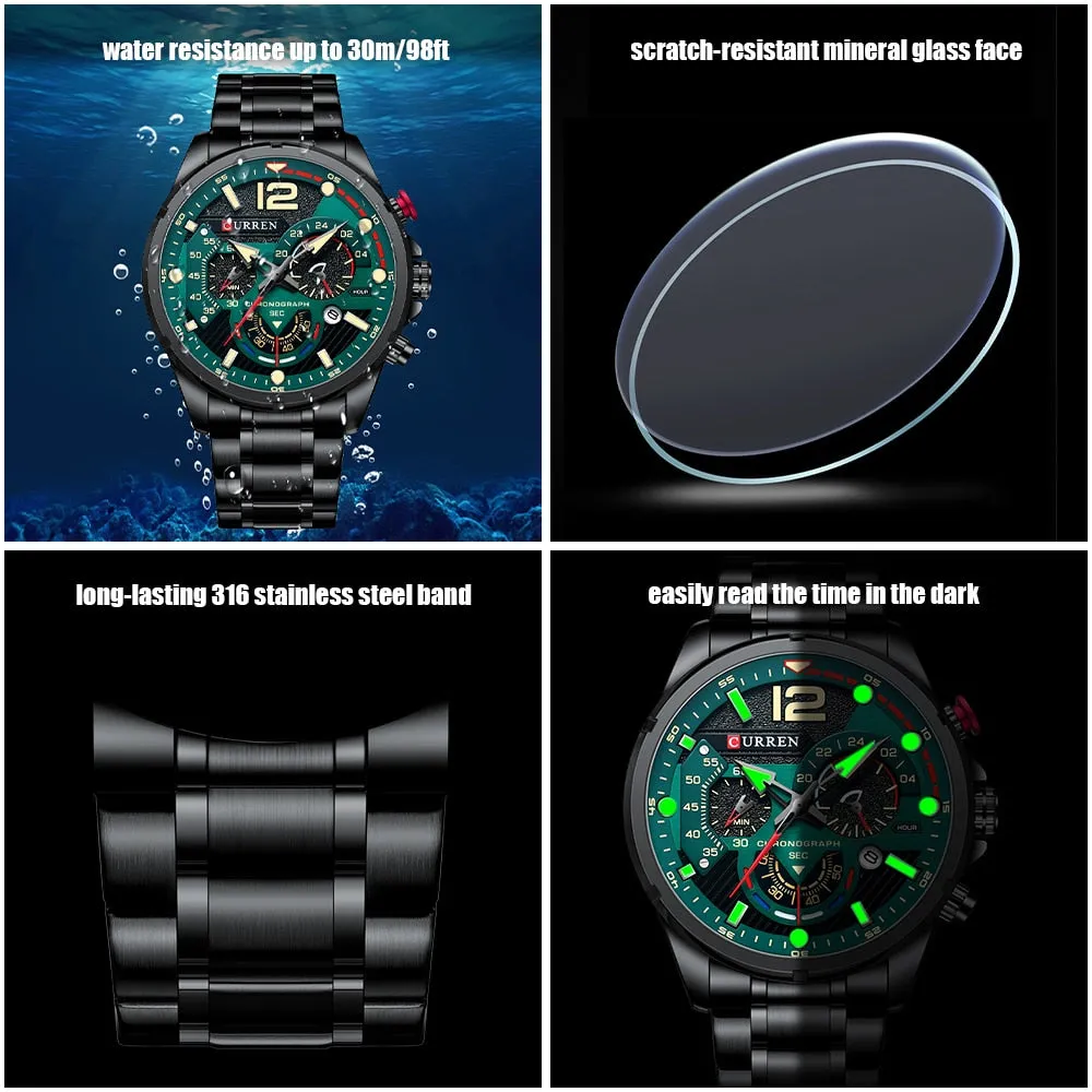 CURREN Men's Watch Fashion Sport Quartz Chronograph Waterproof Luxury Stainless Steel Wristwatches with Luminous Hands Relogio Masculino