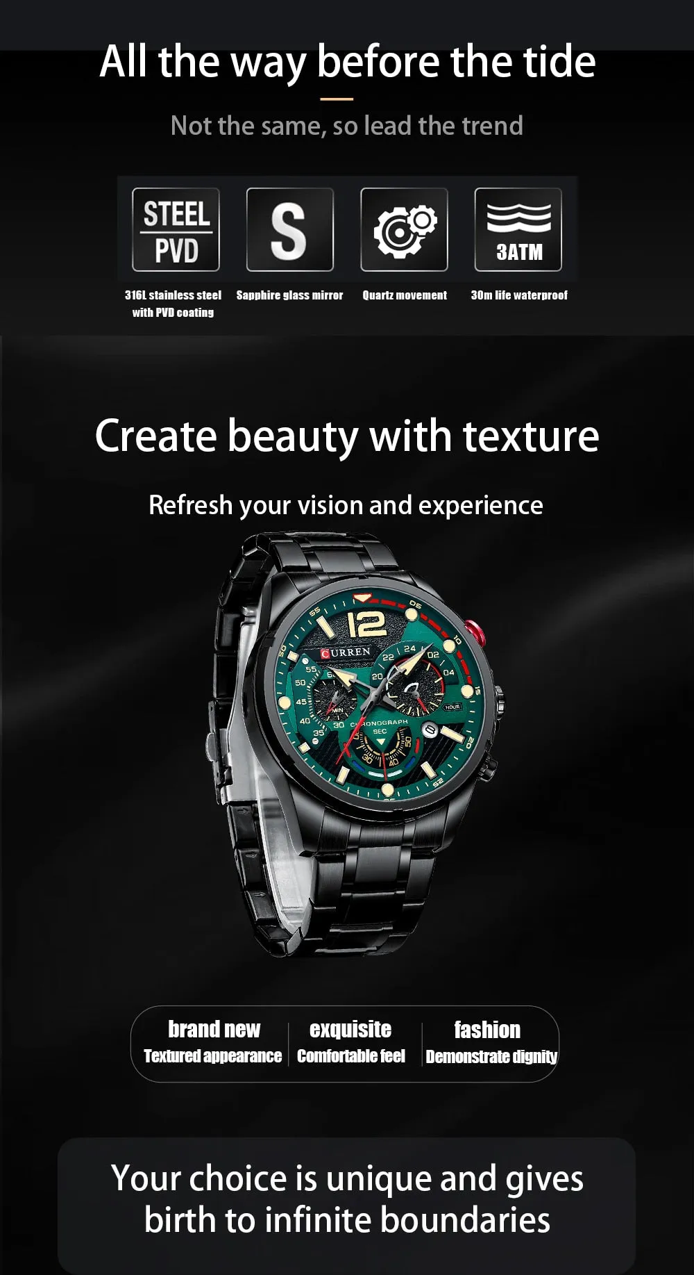 CURREN Men's Watch Fashion Sport Quartz Chronograph Waterproof Luxury Stainless Steel Wristwatches with Luminous Hands Relogio Masculino