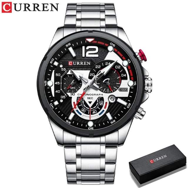 CURREN Men's Watch Fashion Sport Quartz Chronograph Waterproof Luxury Stainless Steel Wristwatches with Luminous Hands Relogio Masculino