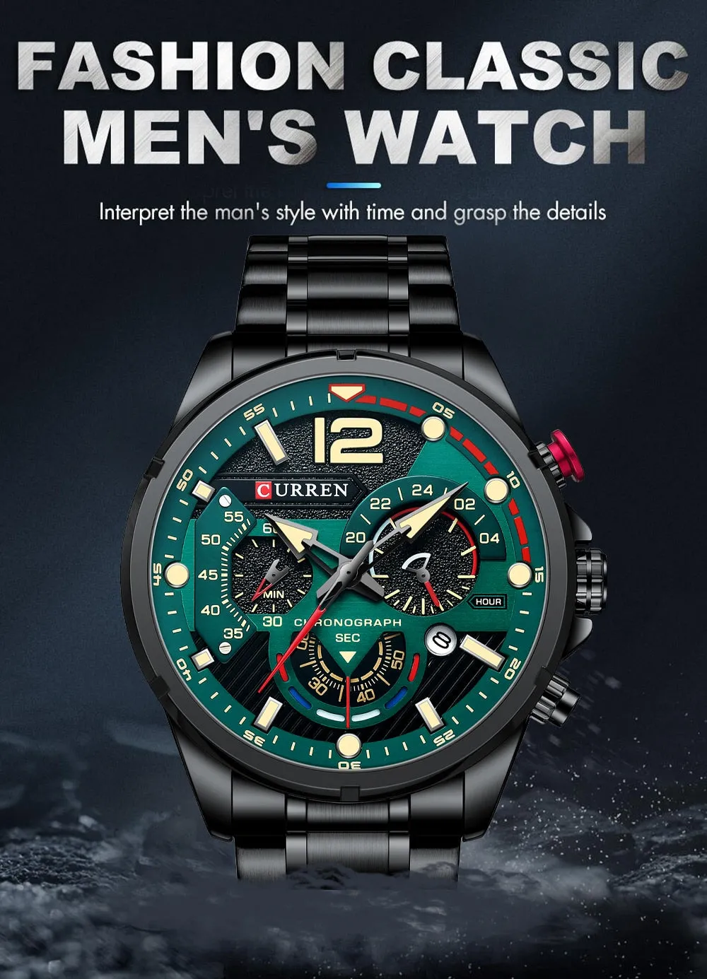 CURREN Men's Watch Fashion Sport Quartz Chronograph Waterproof Luxury Stainless Steel Wristwatches with Luminous Hands Relogio Masculino