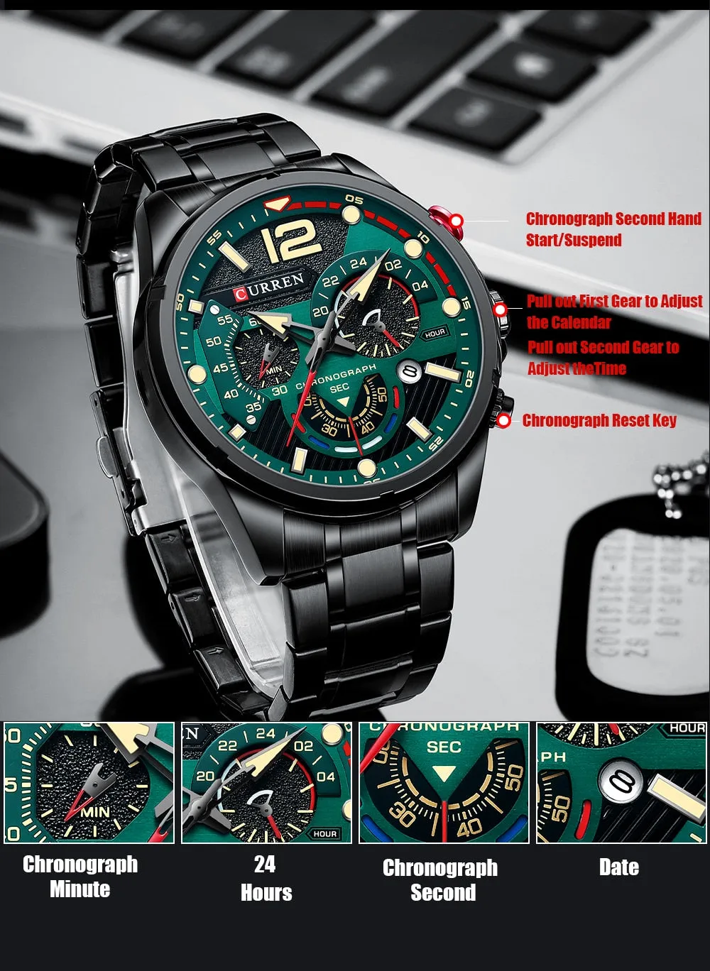 CURREN Men's Watch Fashion Sport Quartz Chronograph Waterproof Luxury Stainless Steel Wristwatches with Luminous Hands Relogio Masculino