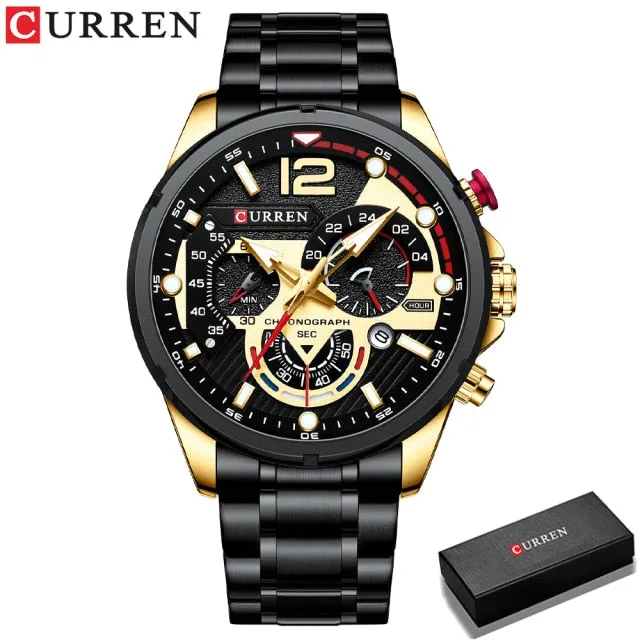 CURREN Men's Watch Fashion Sport Quartz Chronograph Waterproof Luxury Stainless Steel Wristwatches with Luminous Hands Relogio Masculino
