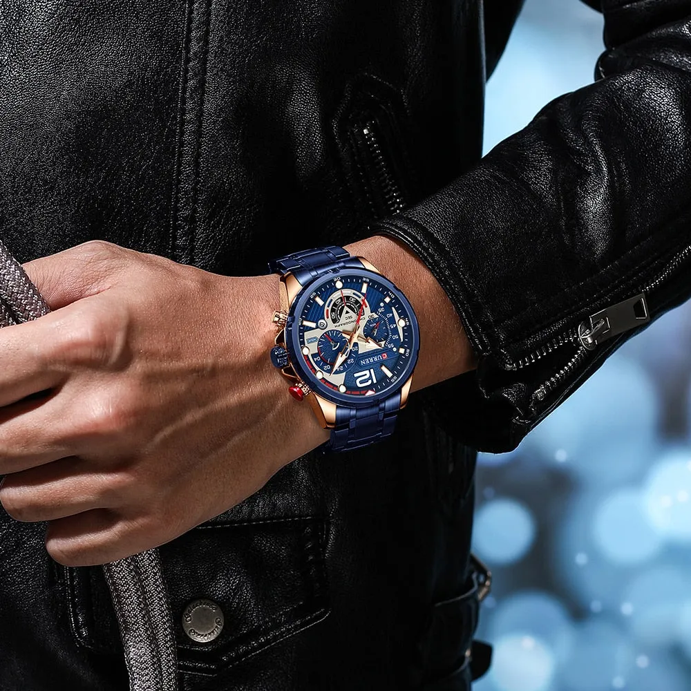 CURREN Men's Watch Fashion Sport Quartz Chronograph Waterproof Luxury Stainless Steel Wristwatches with Luminous Hands Relogio Masculino