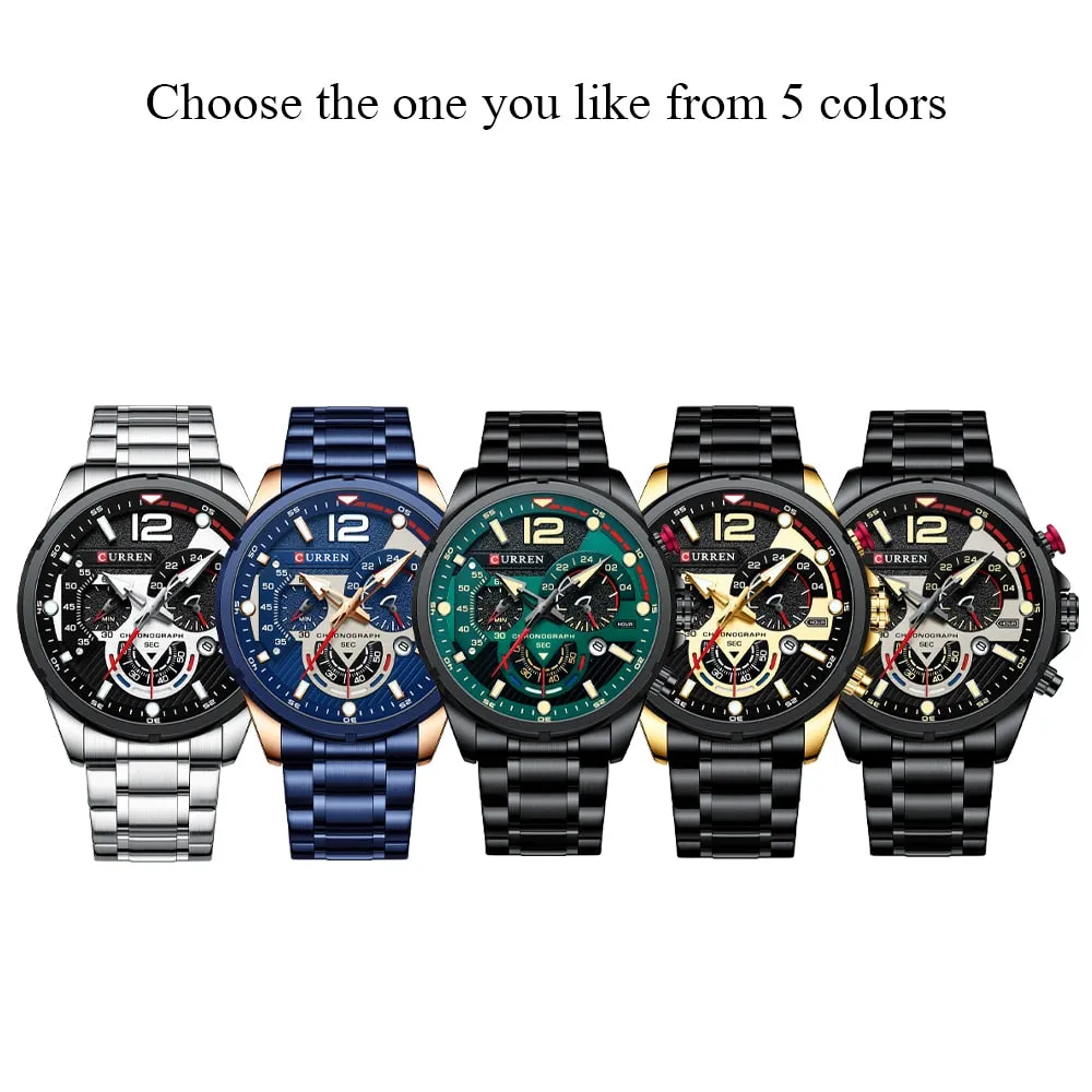 CURREN Men's Watch Fashion Sport Quartz Chronograph Waterproof Luxury Stainless Steel Wristwatches with Luminous Hands Relogio Masculino