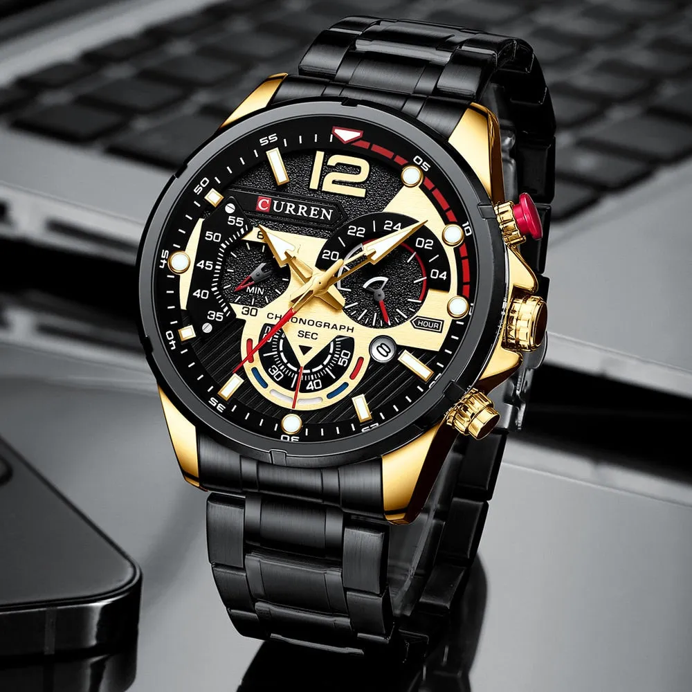 CURREN Men's Watch Fashion Sport Quartz Chronograph Waterproof Luxury Stainless Steel Wristwatches with Luminous Hands Relogio Masculino