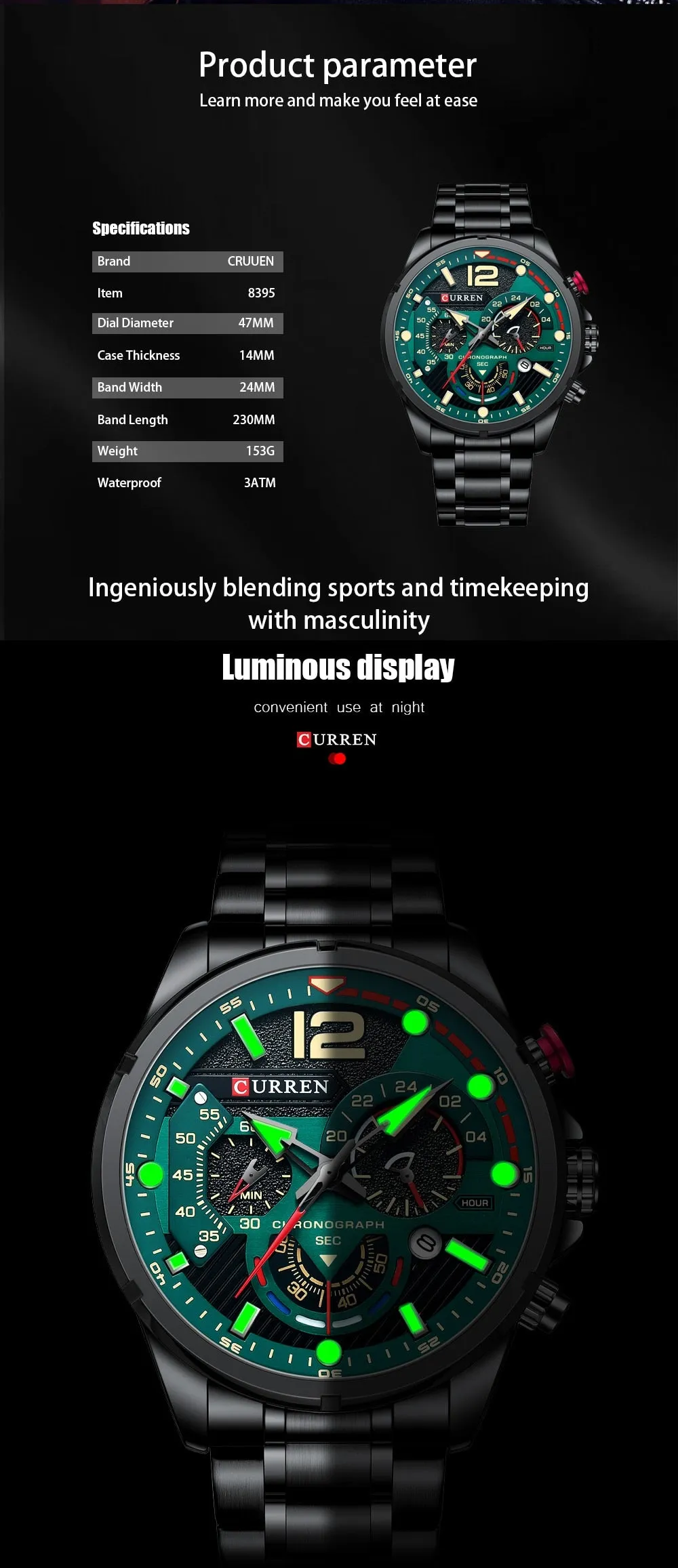 CURREN Men's Watch Fashion Sport Quartz Chronograph Waterproof Luxury Stainless Steel Wristwatches with Luminous Hands Relogio Masculino