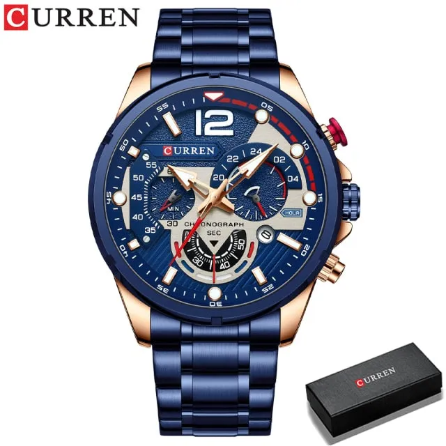 CURREN Men's Watch Fashion Sport Quartz Chronograph Waterproof Luxury Stainless Steel Wristwatches with Luminous Hands Relogio Masculino