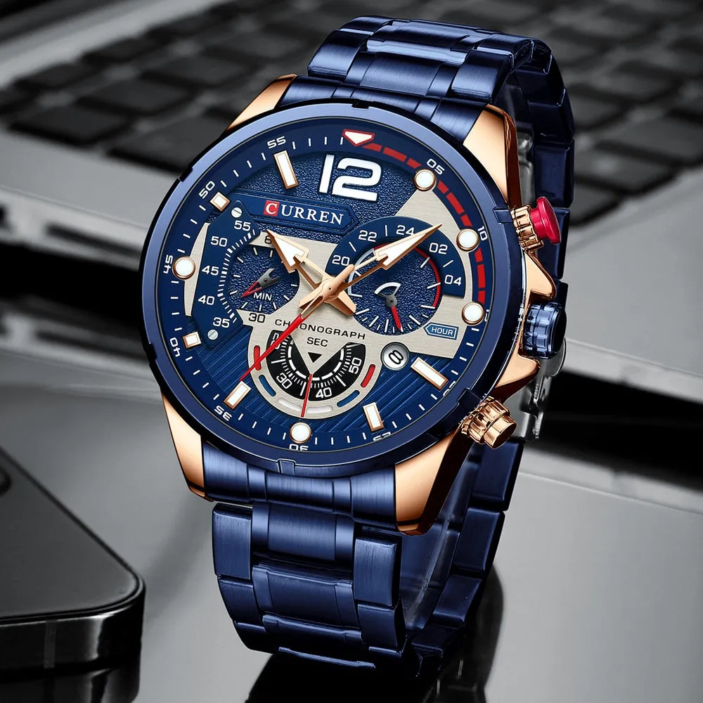 CURREN Men's Watch Fashion Sport Quartz Chronograph Waterproof Luxury Stainless Steel Wristwatches with Luminous Hands Relogio Masculino