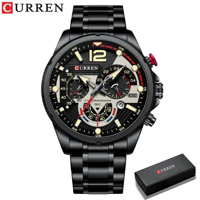 CURREN Men's Watch Fashion Sport Quartz Chronograph Waterproof Luxury Stainless Steel Wristwatches with Luminous Hands Relogio Masculino