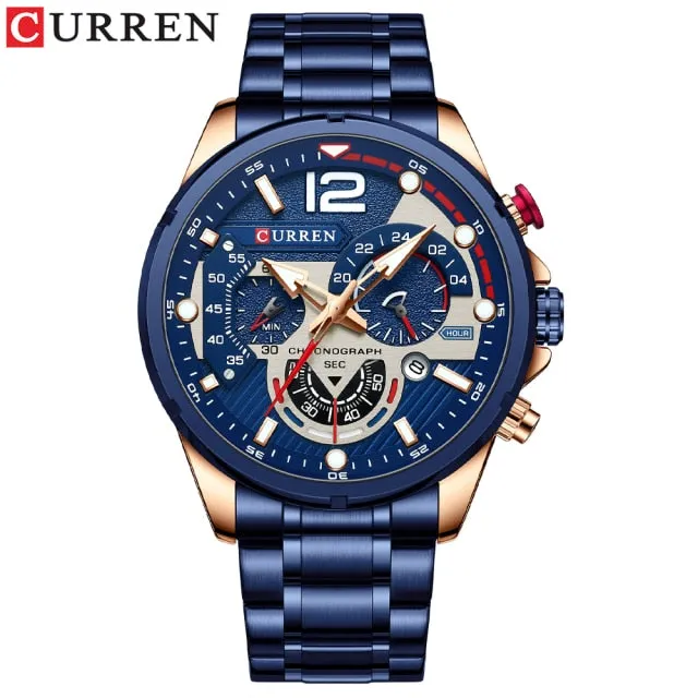CURREN Men's Watch Fashion Sport Quartz Chronograph Waterproof Luxury Stainless Steel Wristwatches with Luminous Hands Relogio Masculino