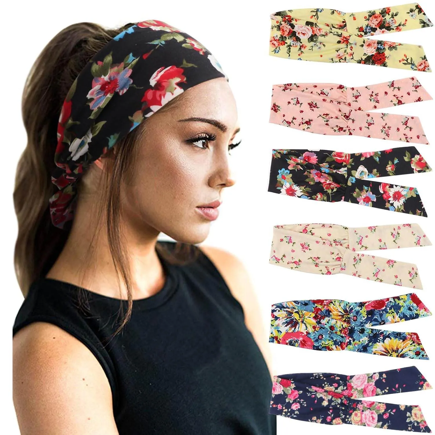DRESHOW 6 PCS Adjustable Headbands for Women Knotted Headbands Elastic Non-Slip Fashion Hair Bands for Workout Sports Running Yoga