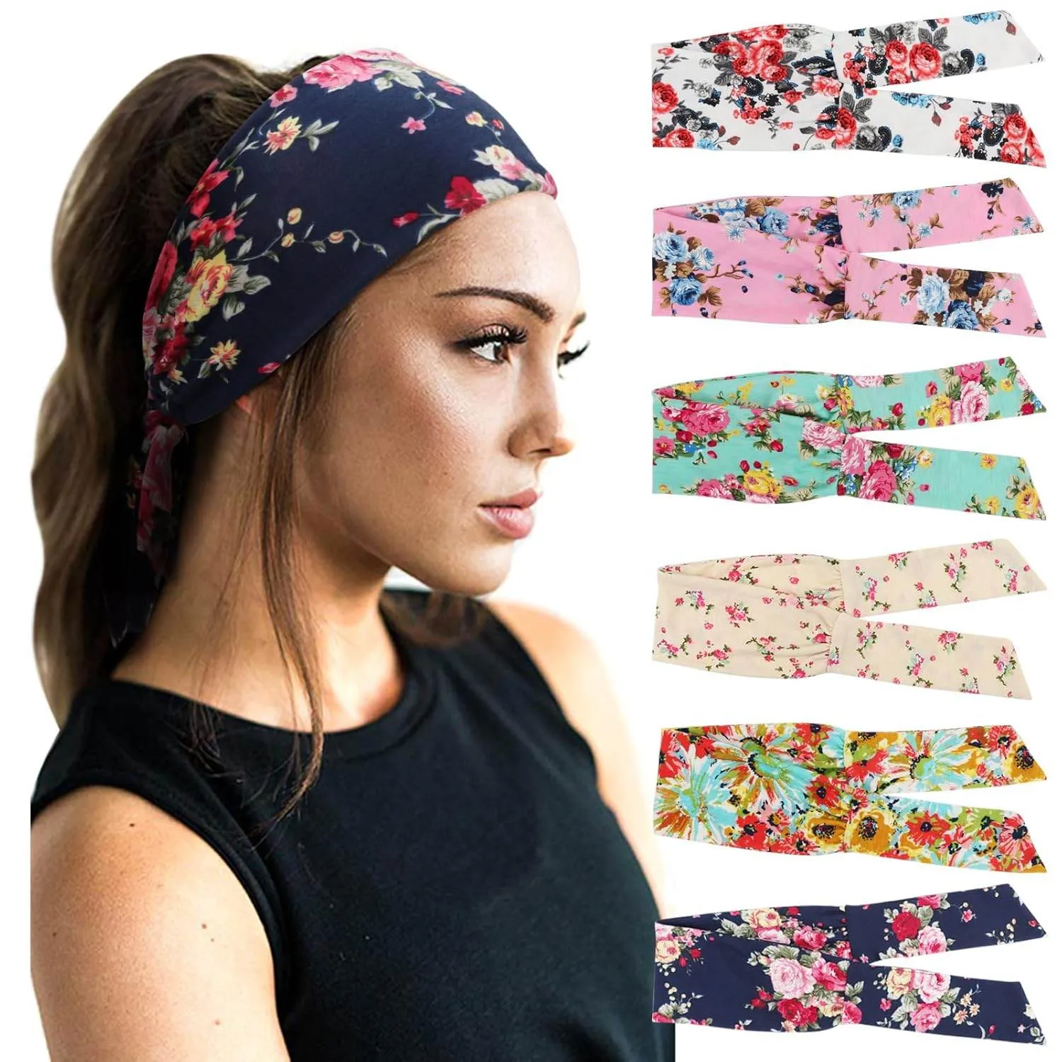 DRESHOW 6 PCS Adjustable Headbands for Women Knotted Headbands Elastic Non-Slip Fashion Hair Bands for Workout Sports Running Yoga