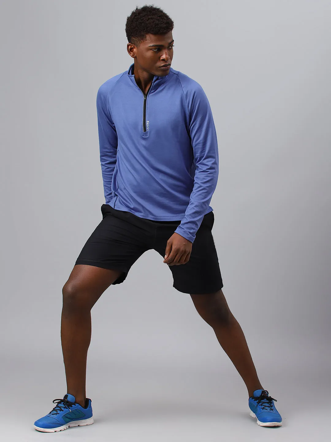 Fitkin men's blue brushed high neck front zipper full sleeves t-shirt