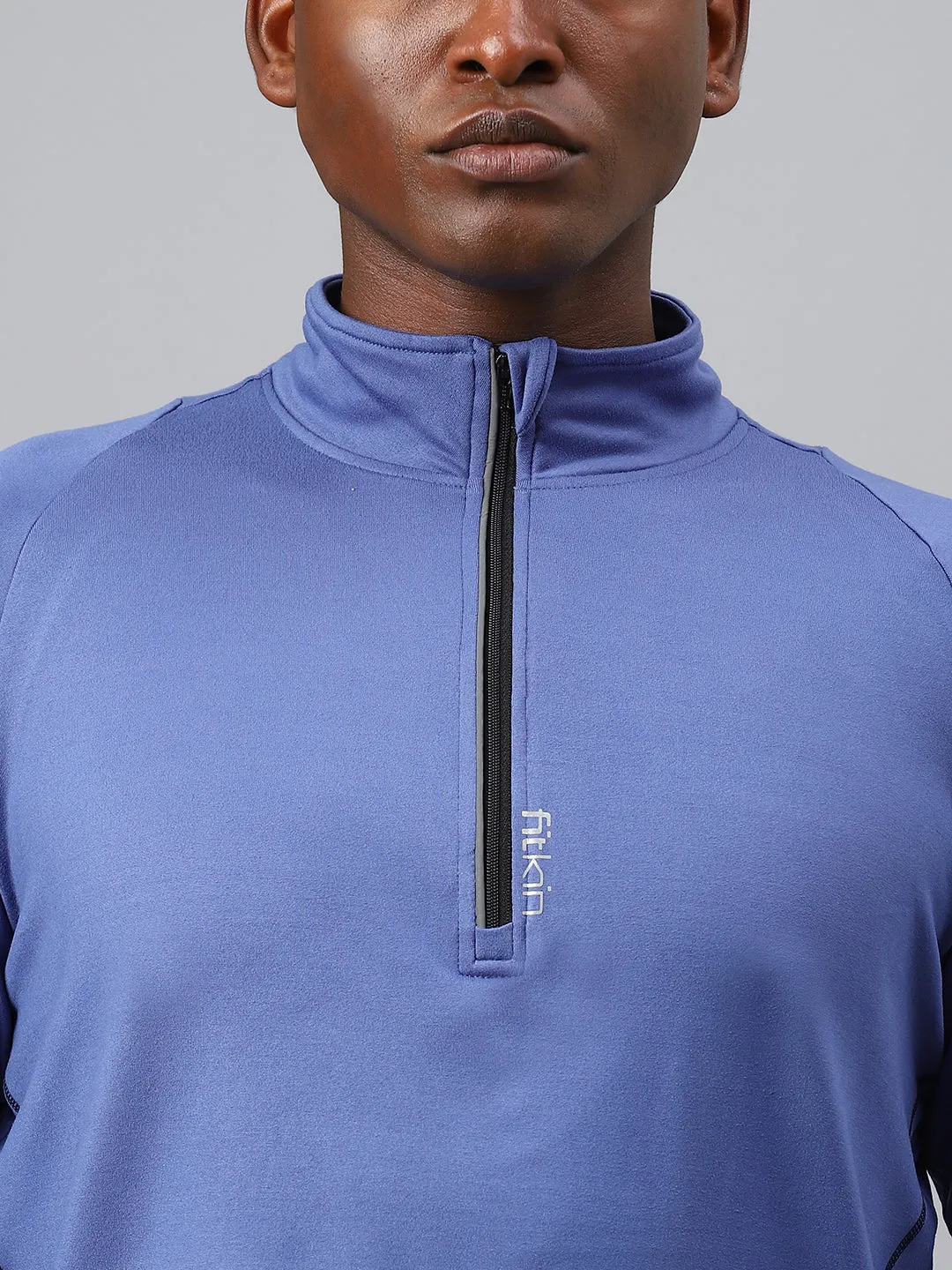 Fitkin men's blue brushed high neck front zipper full sleeves t-shirt