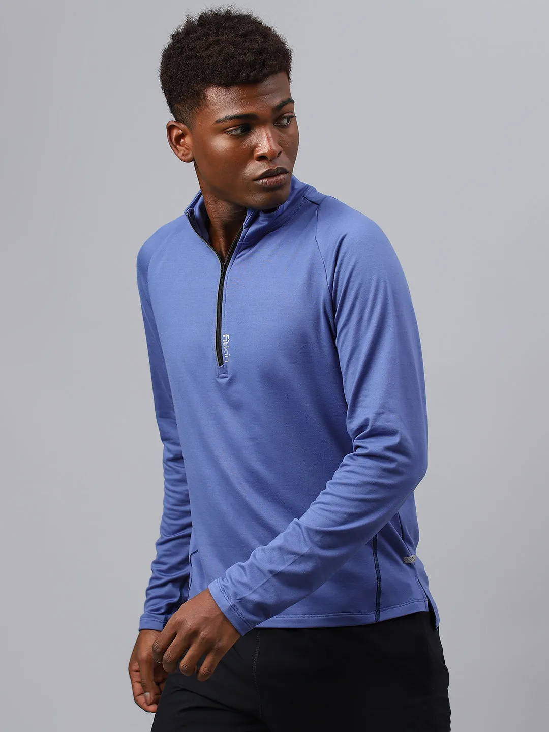 Fitkin men's blue brushed high neck front zipper full sleeves t-shirt