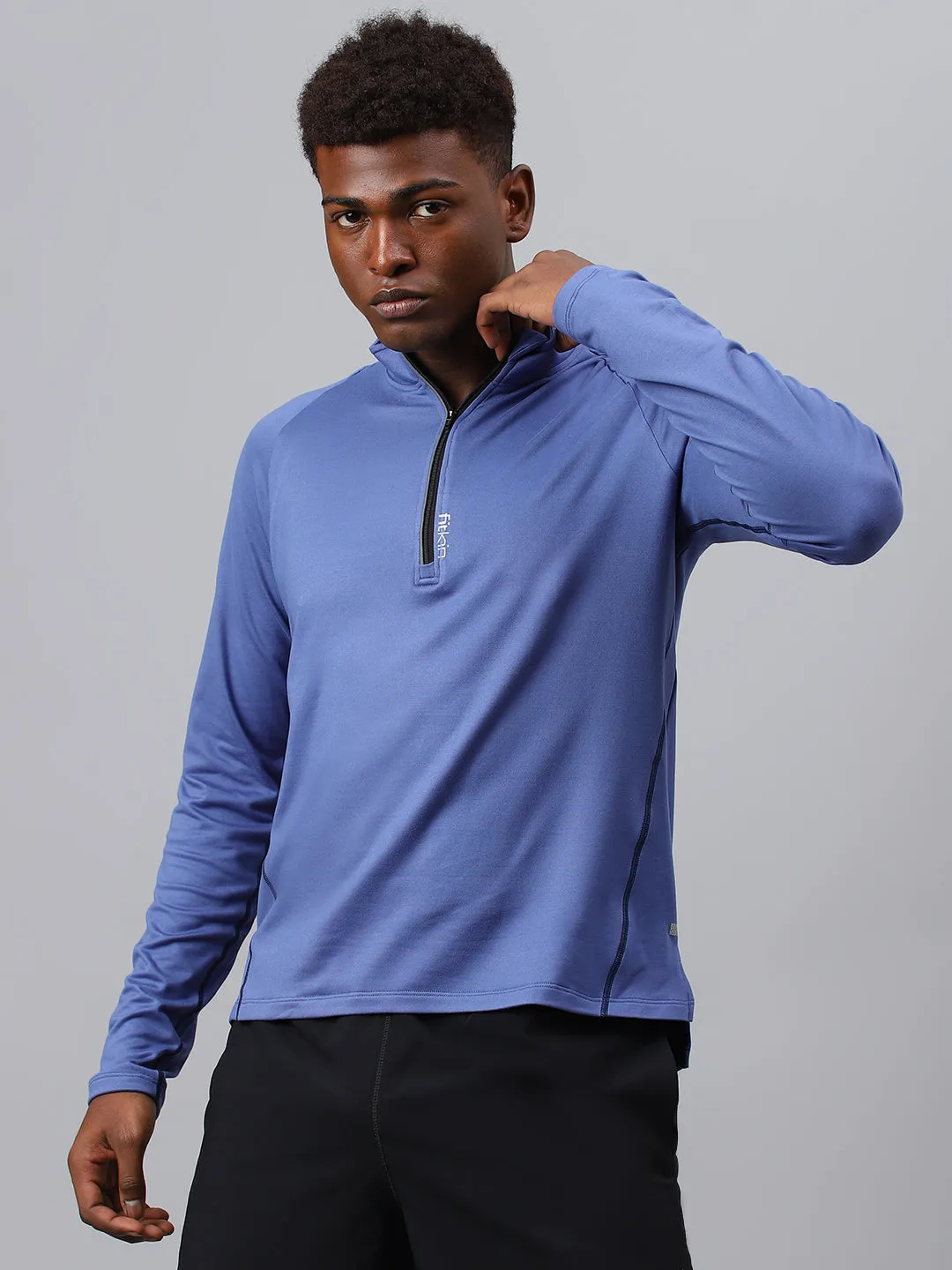 Fitkin men's blue brushed high neck front zipper full sleeves t-shirt
