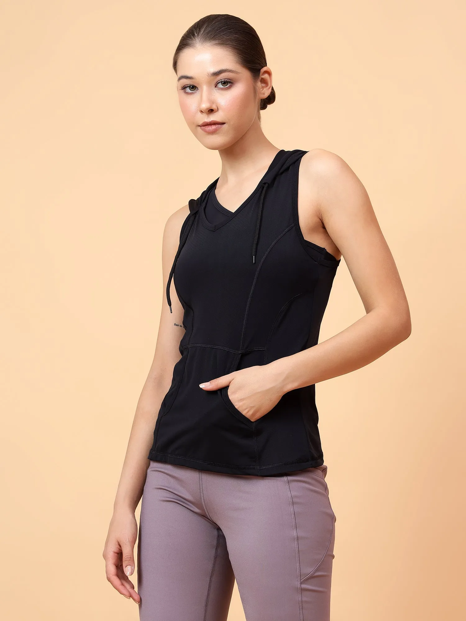 Fitkin Women's Black Self Design Sleeveless Hooded Tank Top