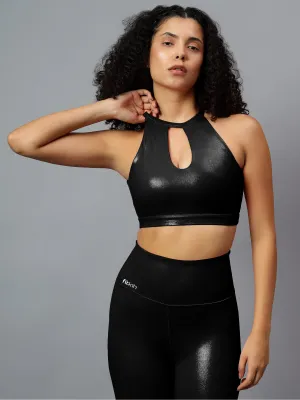 Fitkin Women's Black Shine On Halter Style Sports Bra