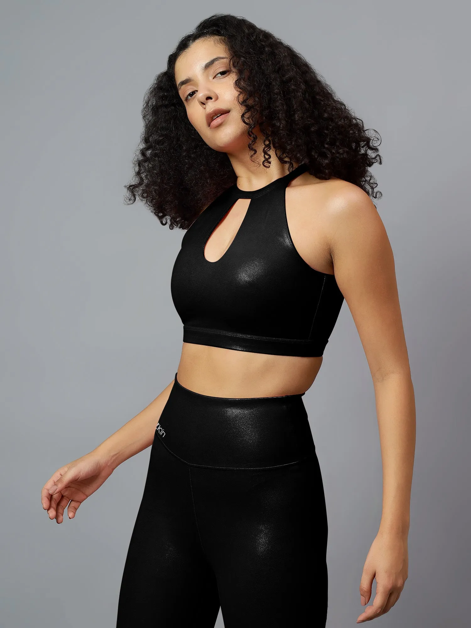 Fitkin Women's Black Shine On Halter Style Sports Bra