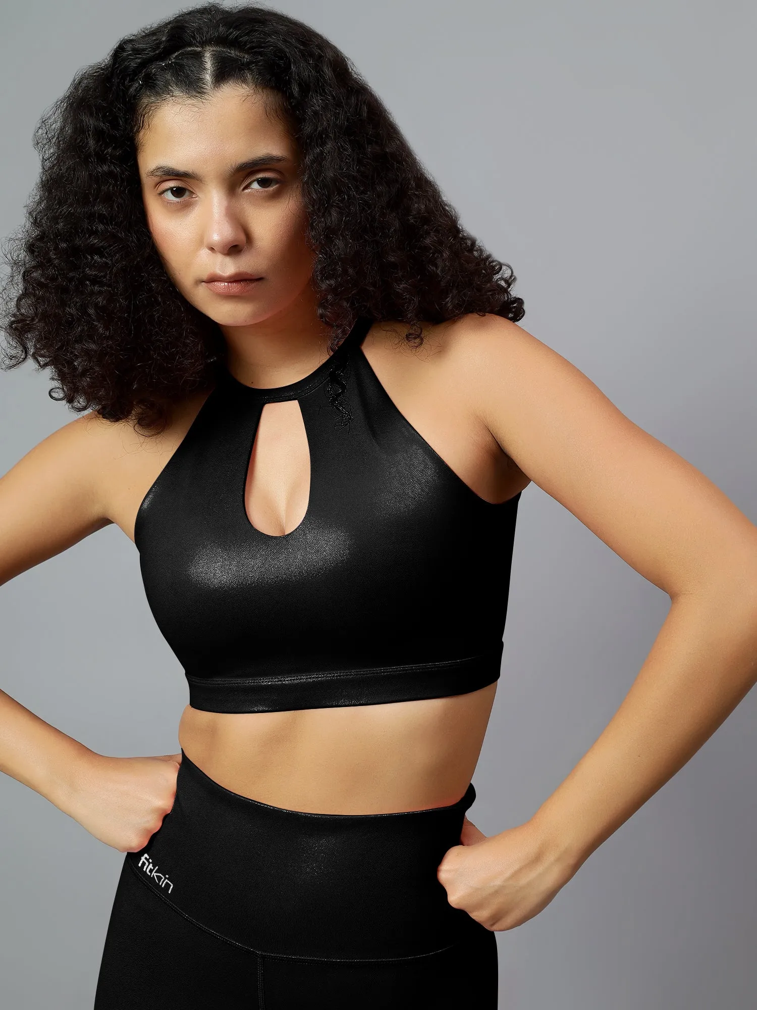 Fitkin Women's Black Shine On Halter Style Sports Bra